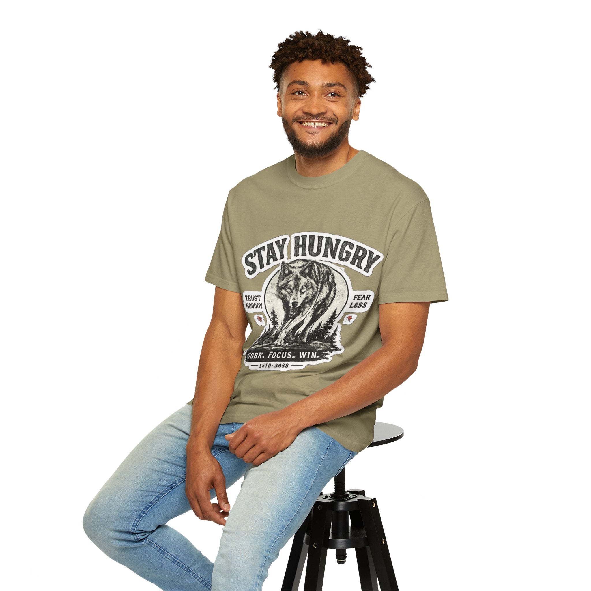 Stay Hungry Wolf T-Shirt — Motivational Graphic Tee for Men & Women
