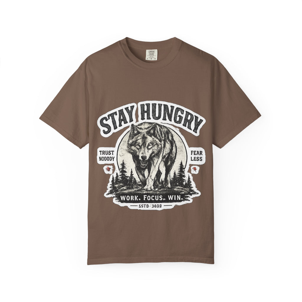 Stay Hungry Wolf T-Shirt — Motivational Graphic Tee for Men & Women