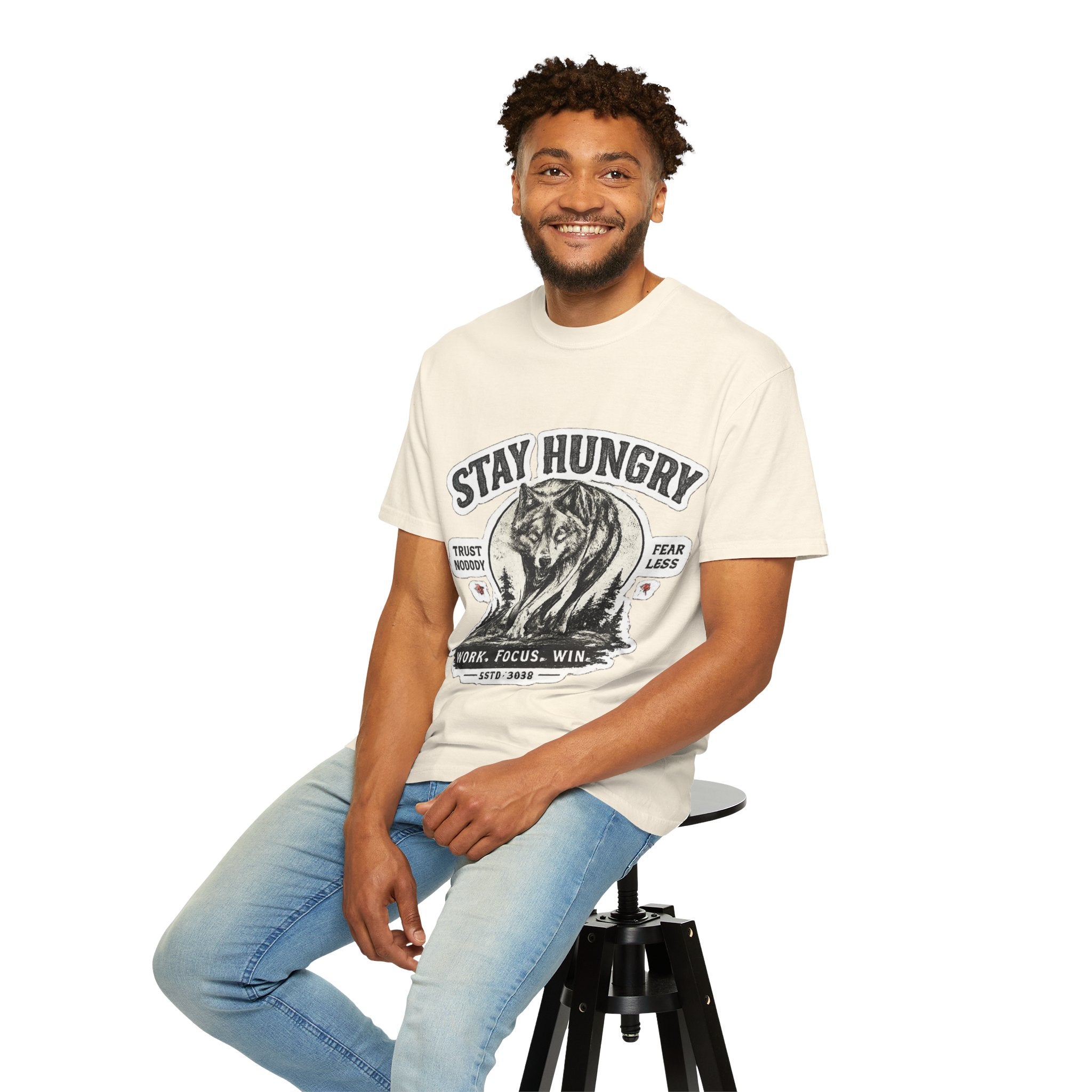 Stay Hungry Wolf T-Shirt — Motivational Graphic Tee for Men & Women