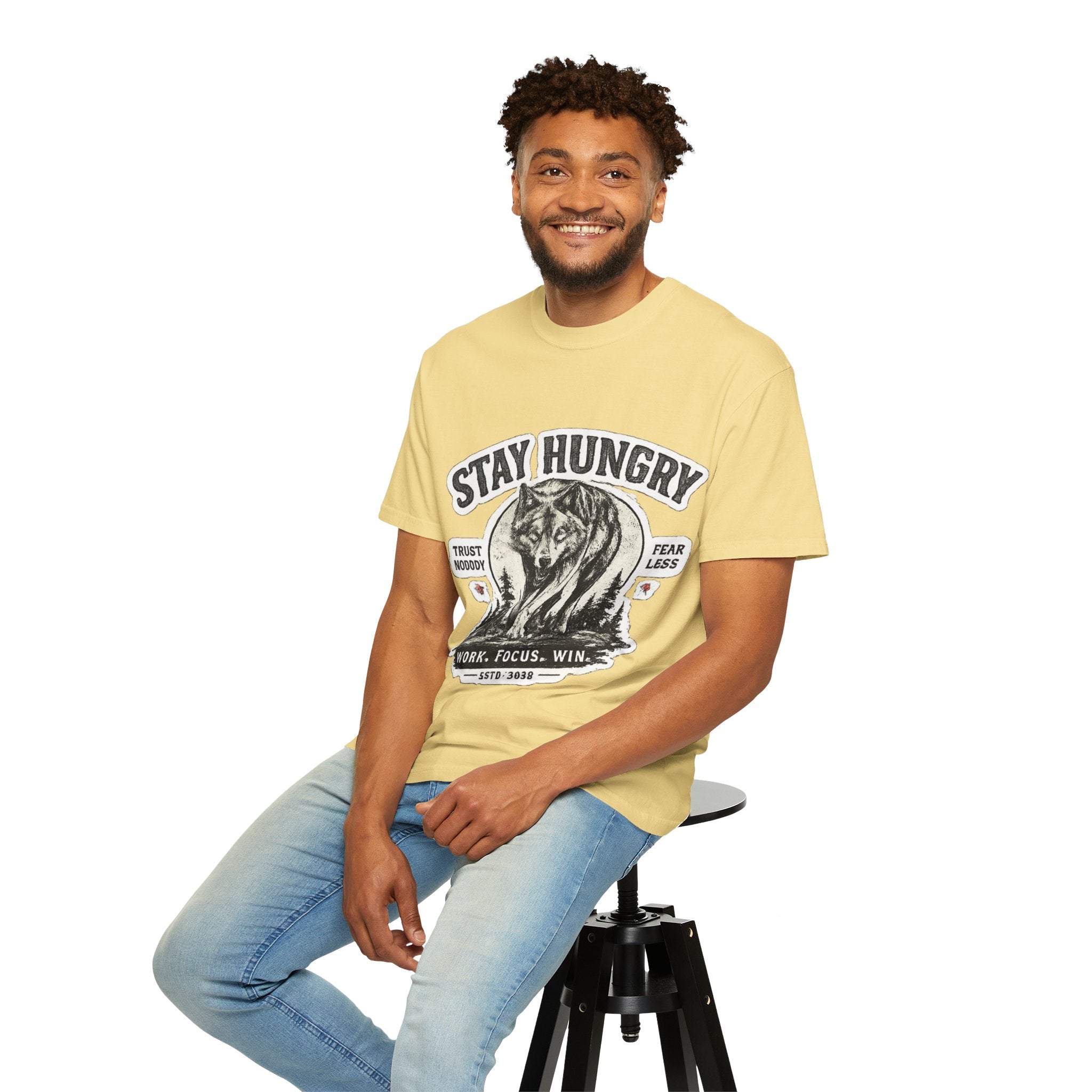 Stay Hungry Wolf T-Shirt — Motivational Graphic Tee for Men & Women