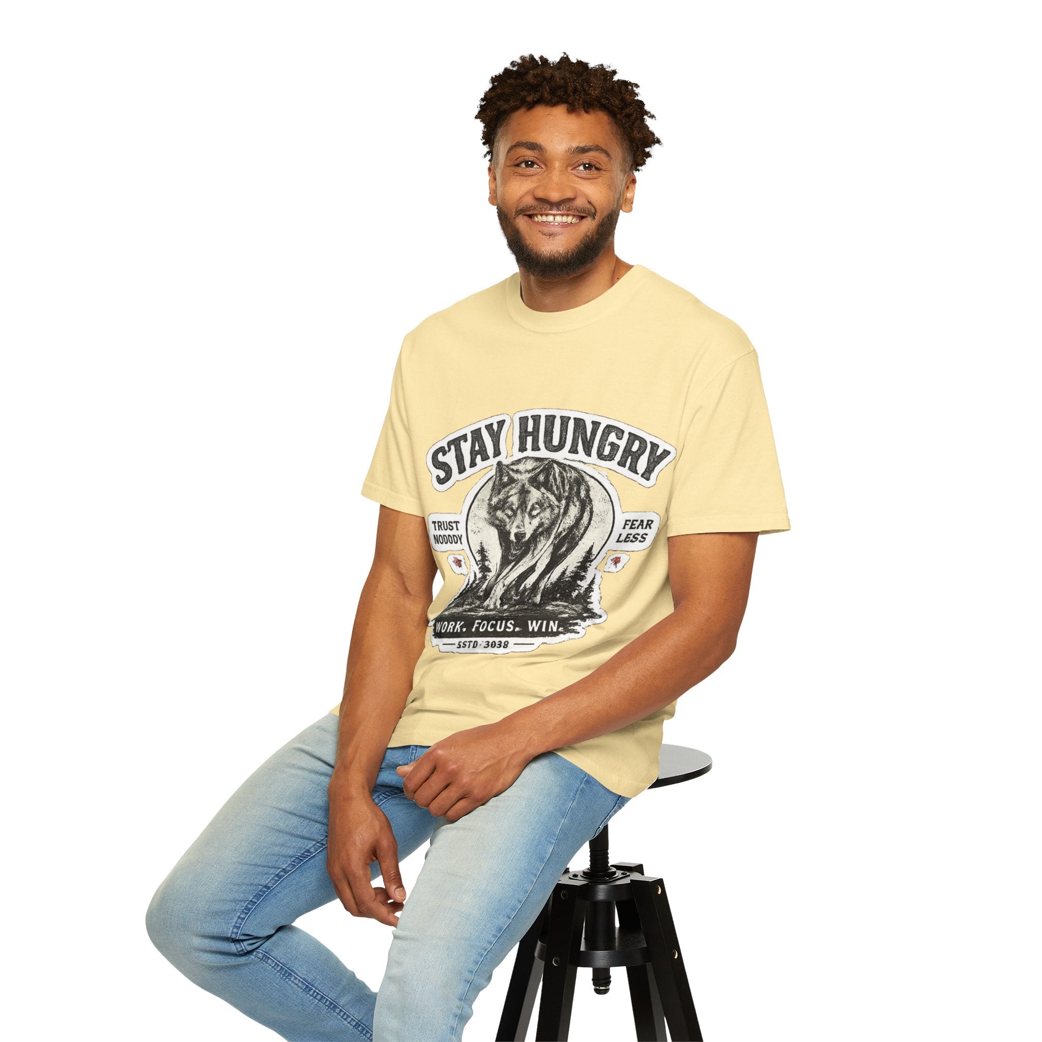 Stay Hungry Wolf T-Shirt — Motivational Graphic Tee for Men & Women