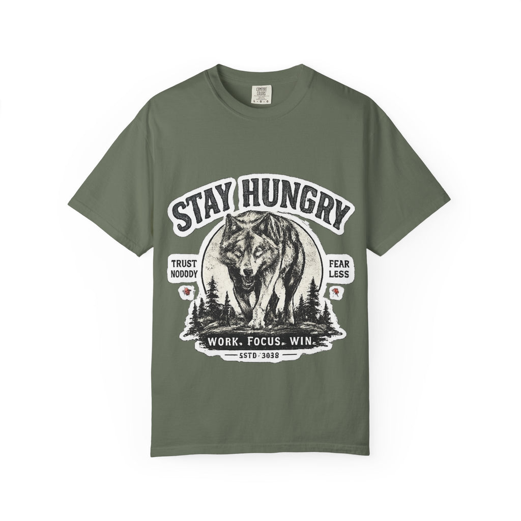Stay Hungry Wolf T-Shirt — Motivational Graphic Tee for Men & Women