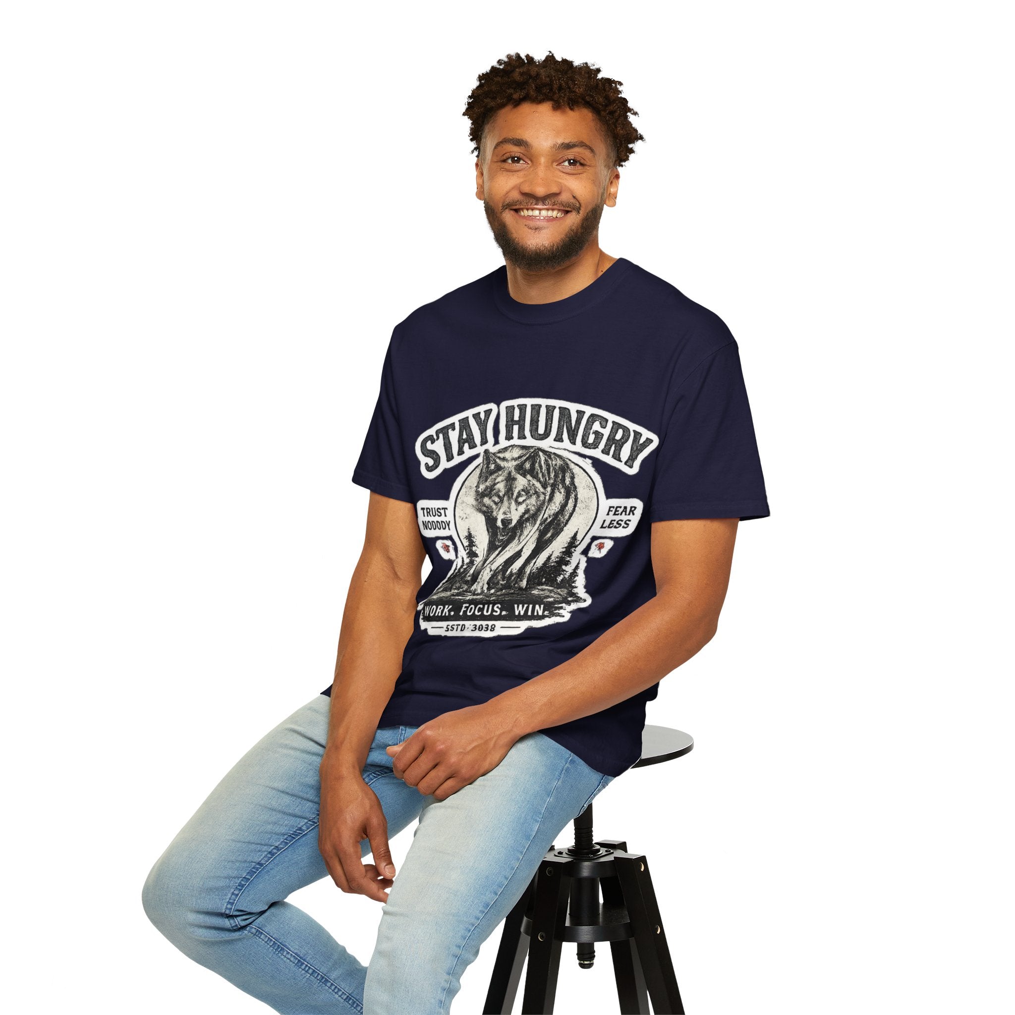 Stay Hungry Wolf T-Shirt — Motivational Graphic Tee for Men & Women