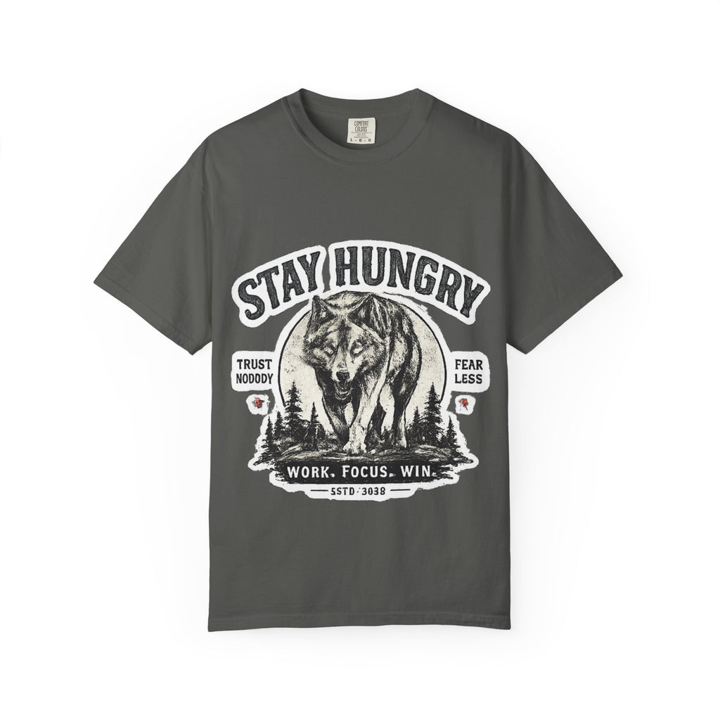 Stay Hungry Wolf T-Shirt — Motivational Graphic Tee for Men & Women